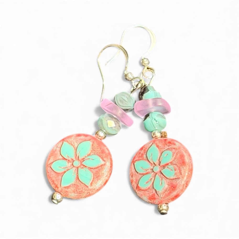Handcrafted Floral Pink and Turquoise Czech Glass Earrings - Picture 8 of 16
